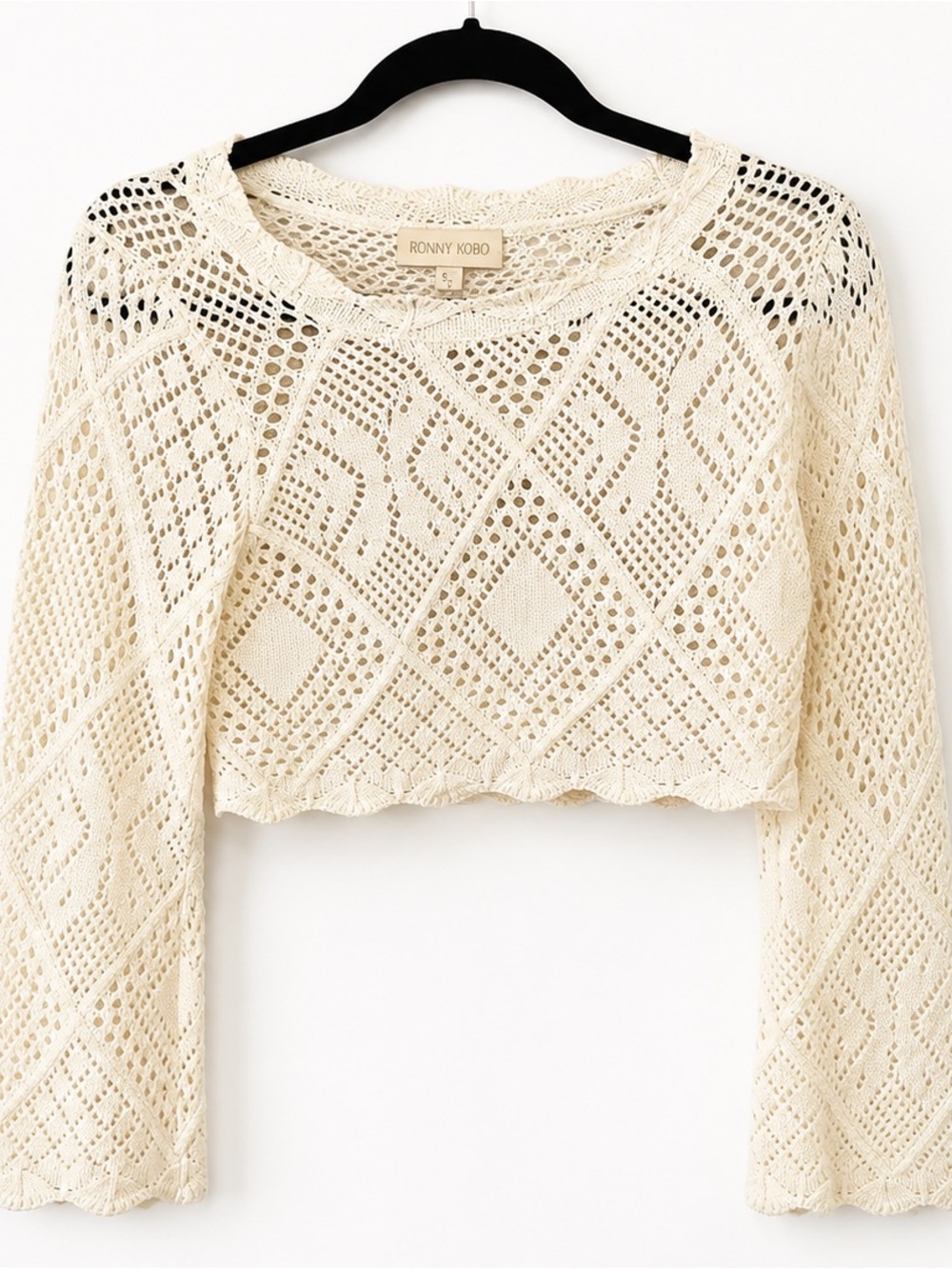 Ronny Kobo Crochet Knit Crop Sweater in Cream